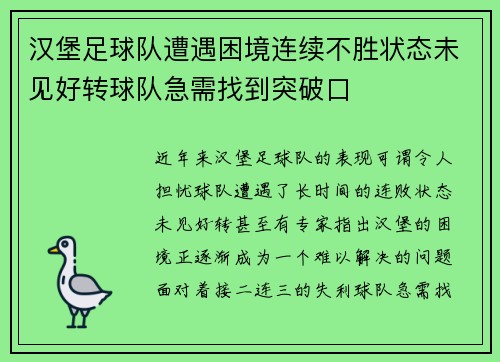 汉堡足球队遭遇困境连续不胜状态未见好转球队急需找到突破口