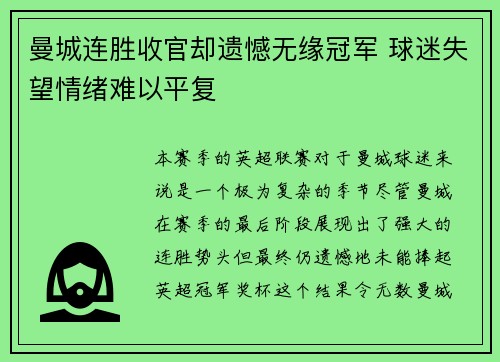 曼城连胜收官却遗憾无缘冠军 球迷失望情绪难以平复